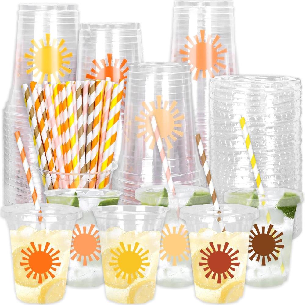 imageWhaline 60Pcs Halloween Disposable Plastic Cups with Lids and Straws 12oz JackOLantern Pumpkin Cold Beverage Drinking Cups Scary Printed Party Cup for Trick or Treat Party SuppliesBoho Sun