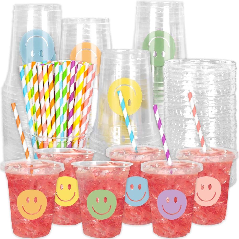 imageWhaline 60Pcs Halloween Disposable Plastic Cups with Lids and Straws 12oz JackOLantern Pumpkin Cold Beverage Drinking Cups Scary Printed Party Cup for Trick or Treat Party SuppliesBoho Smile