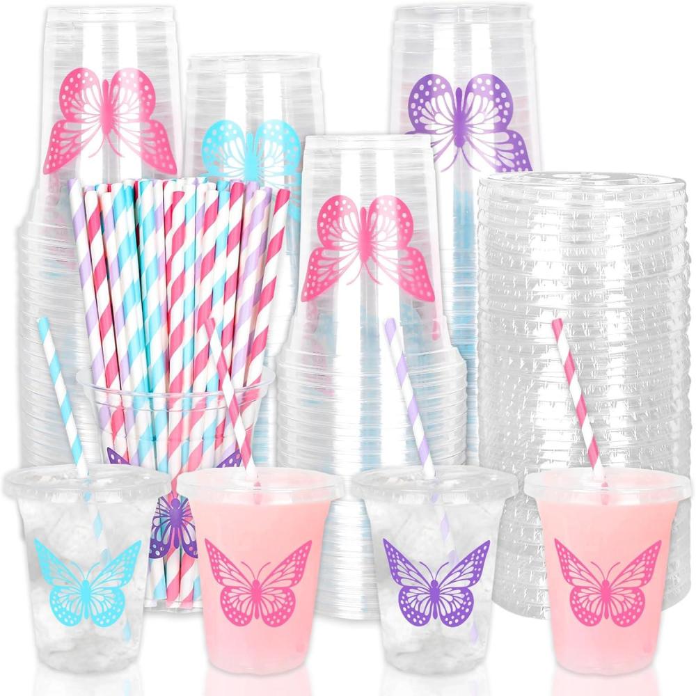imageWhaline 60Pcs Halloween Disposable Plastic Cups with Lids and Straws 12oz JackOLantern Pumpkin Cold Beverage Drinking Cups Scary Printed Party Cup for Trick or Treat Party SuppliesButterfly