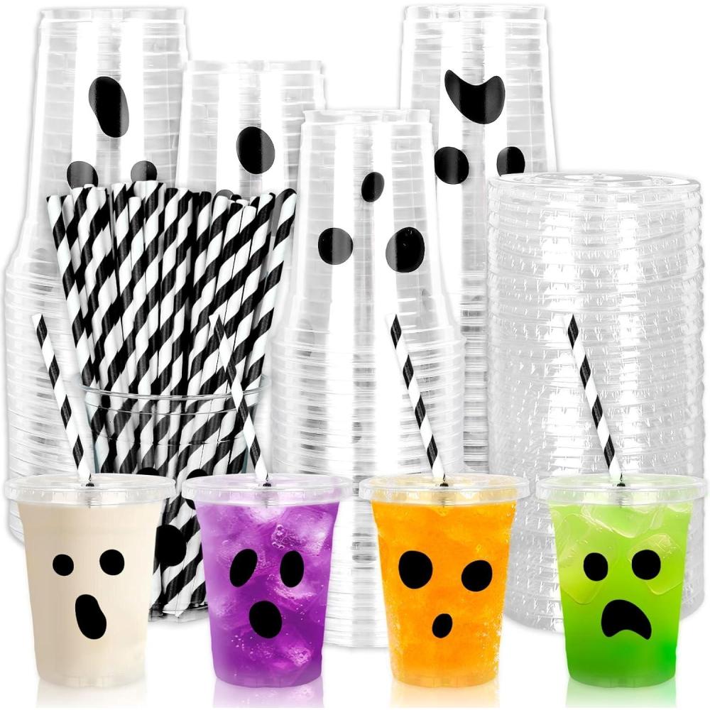 imageWhaline 60Pcs Halloween Disposable Plastic Cups with Lids and Straws 12oz JackOLantern Pumpkin Cold Beverage Drinking Cups Scary Printed Party Cup for Trick or Treat Party SuppliesBlack Spooky Ghost