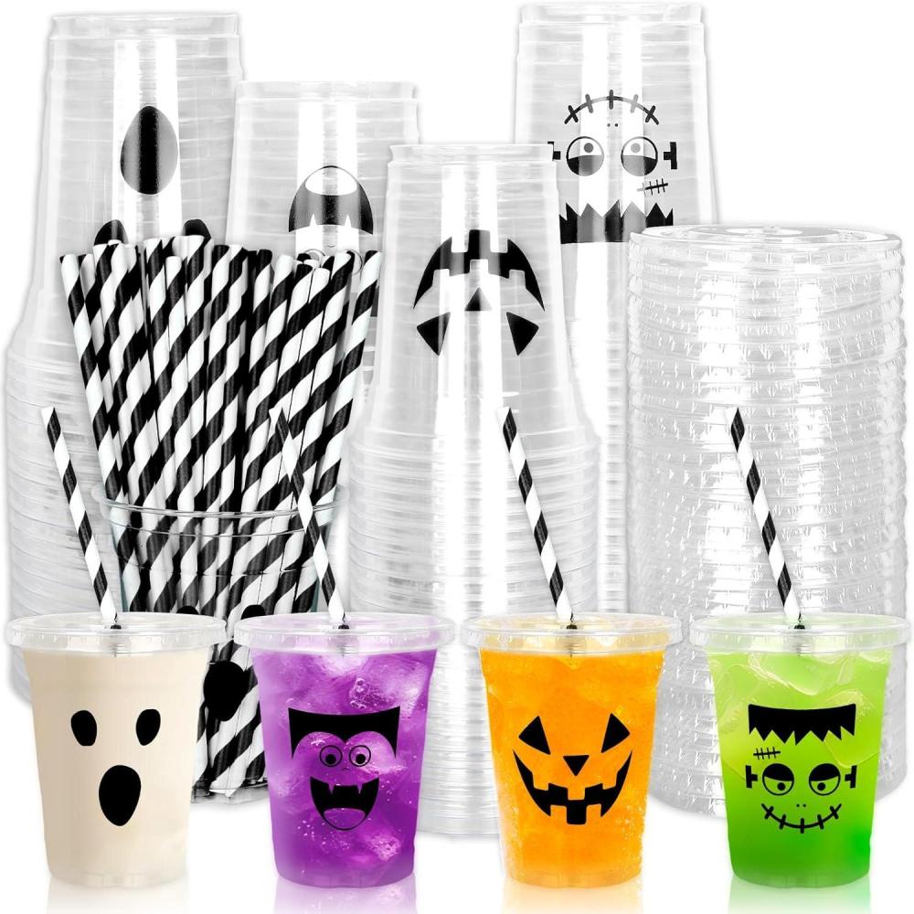 imageWhaline 60Pcs Halloween Disposable Plastic Cups with Lids and Straws 12oz JackOLantern Pumpkin Cold Beverage Drinking Cups Scary Printed Party Cup for Trick or Treat Party SuppliesHalloween Face