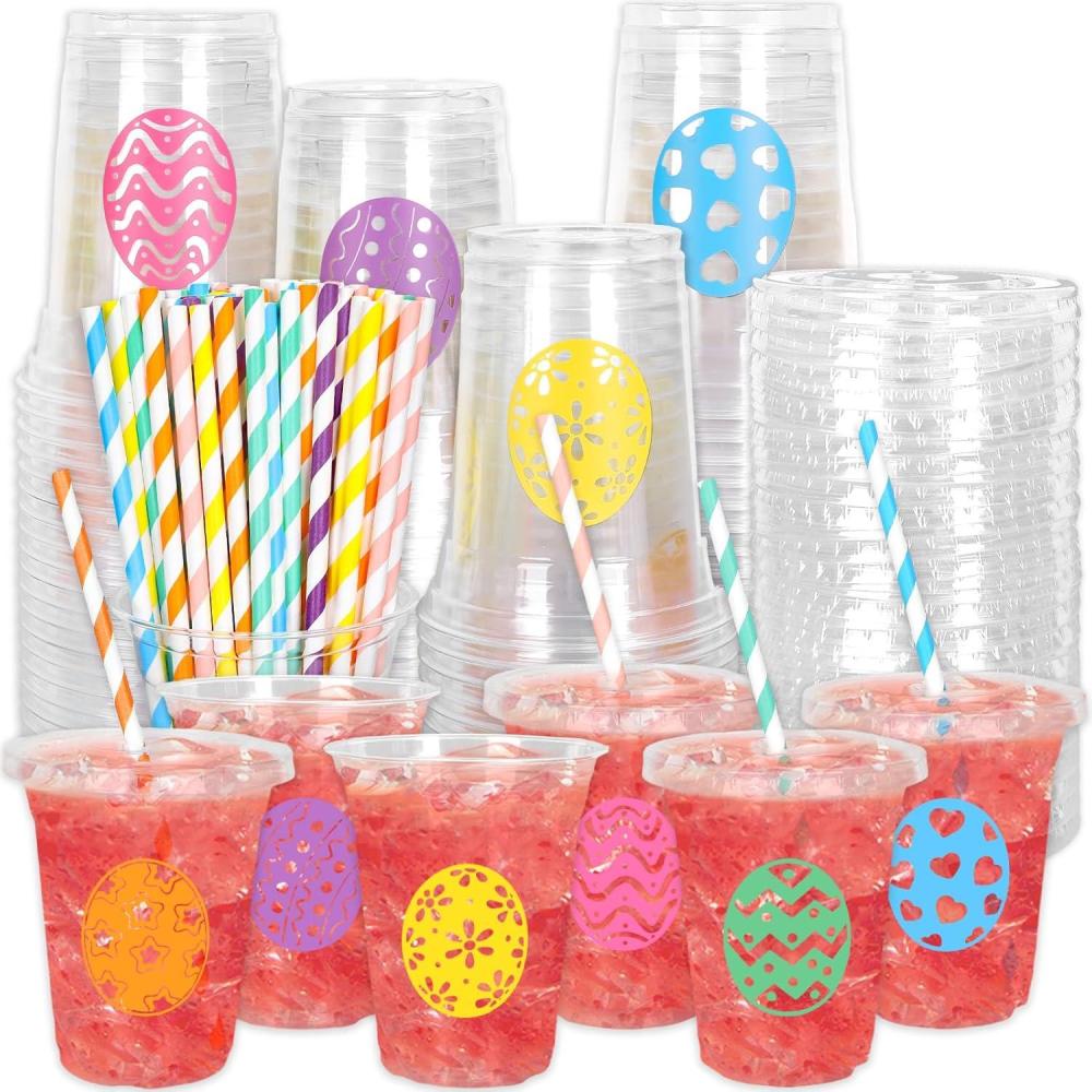 imageWhaline 60Pcs Halloween Disposable Plastic Cups with Lids and Straws 12oz JackOLantern Pumpkin Cold Beverage Drinking Cups Scary Printed Party Cup for Trick or Treat Party SuppliesEaster Egg