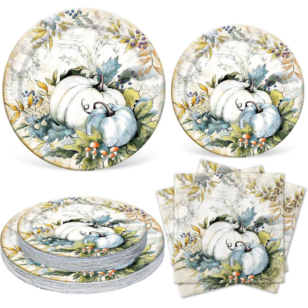 imageWhaline 72Pcs Fall Thanksgiving Plates and Napkins Watercolor Blue Pumpkin Paper Plates and Napkins Sets for Autumn Harvest Thanksgiving Dinner Party Supplies Serves 24