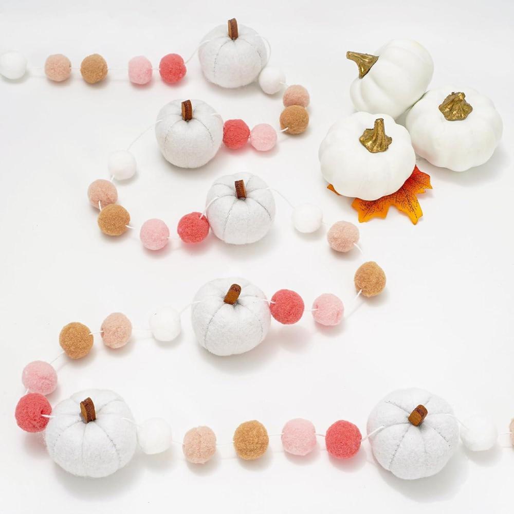 imageWhaline 82Ft Fall Felt Pom Pom Banner Pink 3D Pumpkin Shape Felt Hanging Garland Colorful Pom Ball PreAssembled Bunting Banner for Autumn Thanksgiving Home Mantel Wall Window Decor Party SuppliesWhite