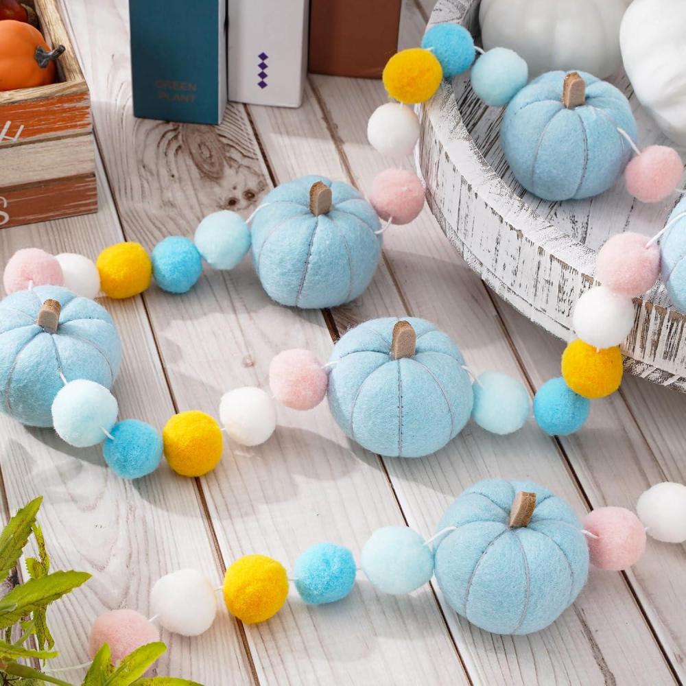 imageWhaline 82Ft Fall Felt Pom Pom Banner Pink 3D Pumpkin Shape Felt Hanging Garland Colorful Pom Ball PreAssembled Bunting Banner for Autumn Thanksgiving Home Mantel Wall Window Decor Party SuppliesBlue