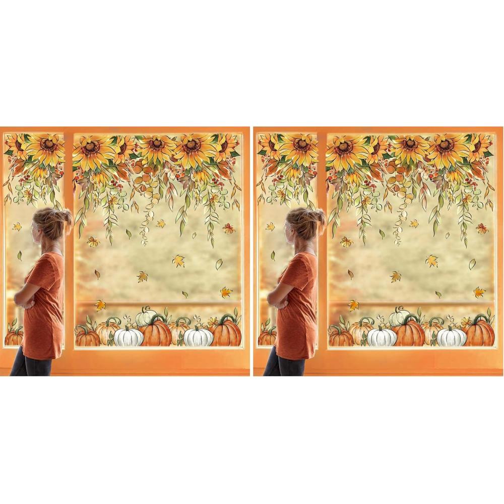 imageWhaline 9 Sheets Fall Sunflower Window Clings Hanging Flower Vine Pumpkin Window Stickers Autumn Floral Static Reusable Window Decals for Harvest Party Home Office Decor79 x 118 inch Pack of 2