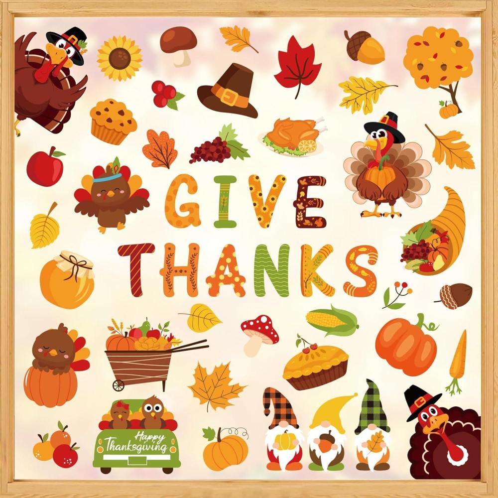 imageWhaline 9 Sheets Happy Fall Thanksgiving Window Clings Autumn Cute Cartoon Window Stickers Static Reusable Glass Decals for Harvest Party Home Classroom Office Decor SuppliesThanksgiving
