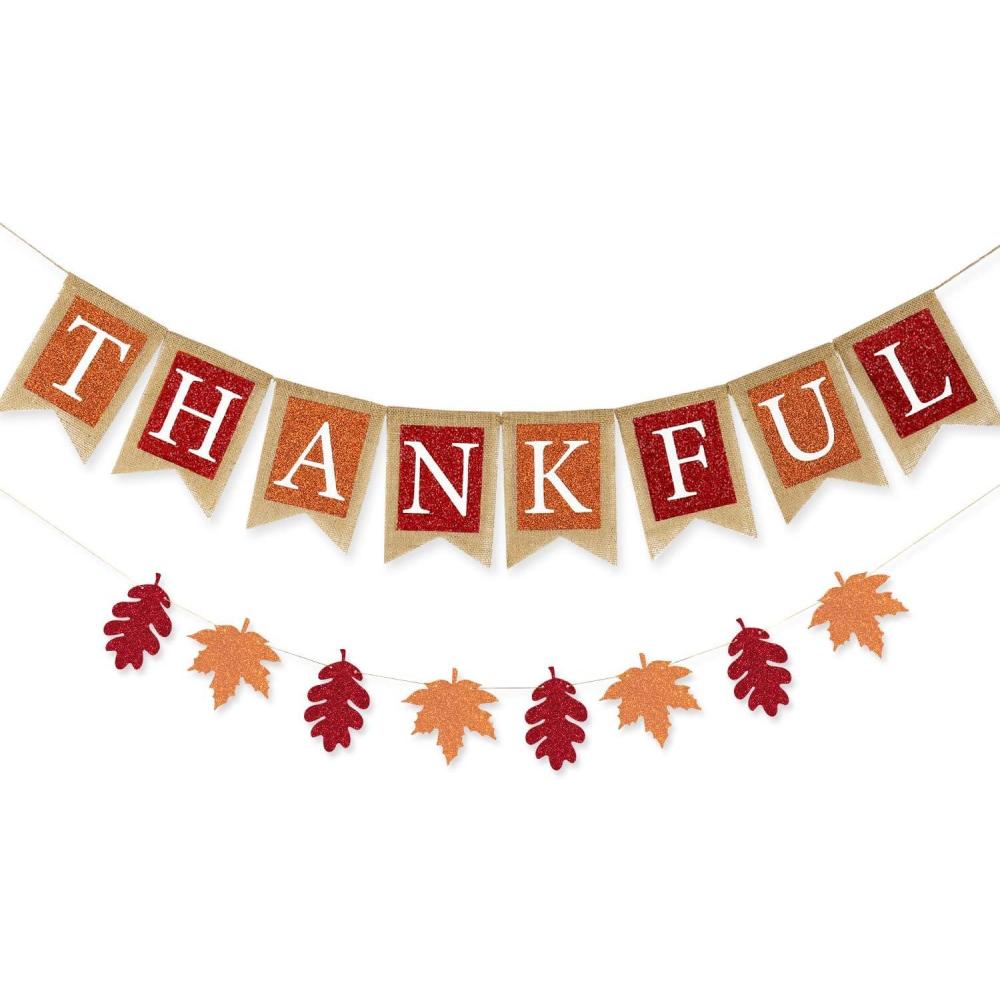 imageWhaline Fall Banner Thankful Burlap Banner Maple Leaf Glitter Paper Banner PreAssembled Rustic Bunting Garland for Autumn Harvest Hanging Decorations Thanksgiving Party Supplies Home Decoration