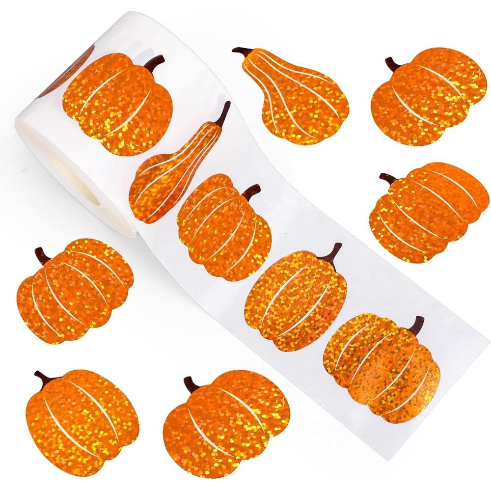 imageWhaline Fall Thanksgiving Pumpkin Stickers Roll Glitter Pumpkin Paper Decal 3 Color Sparkly Autumn SelfAdhesive Decorative Stickers for Envelope Journal Decor Party Supplies 500PcsPumpkin 2
