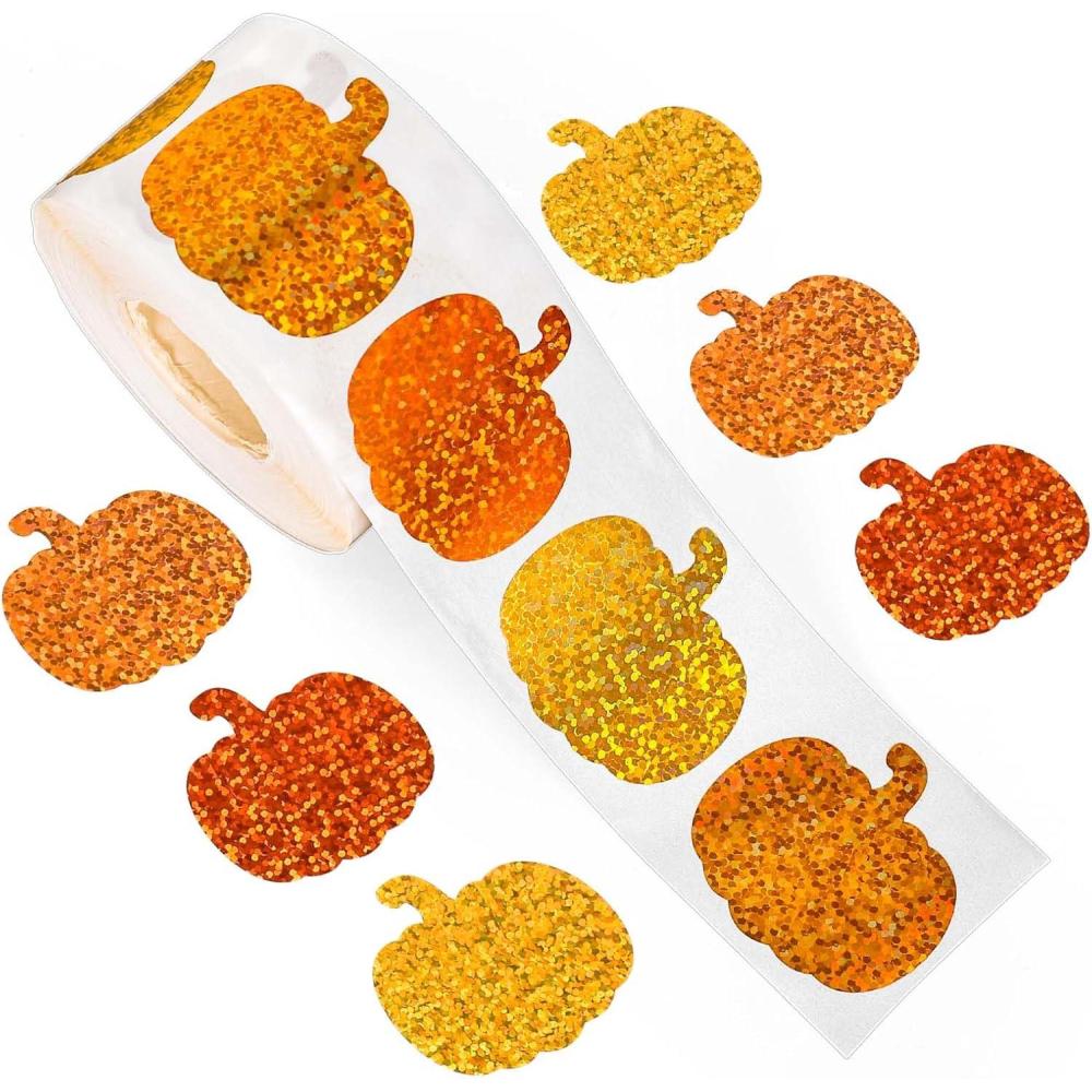 imageWhaline Fall Thanksgiving Pumpkin Stickers Roll Glitter Pumpkin Paper Decal 3 Color Sparkly Autumn SelfAdhesive Decorative Stickers for Envelope Journal Decor Party Supplies 500PcsPumpkin