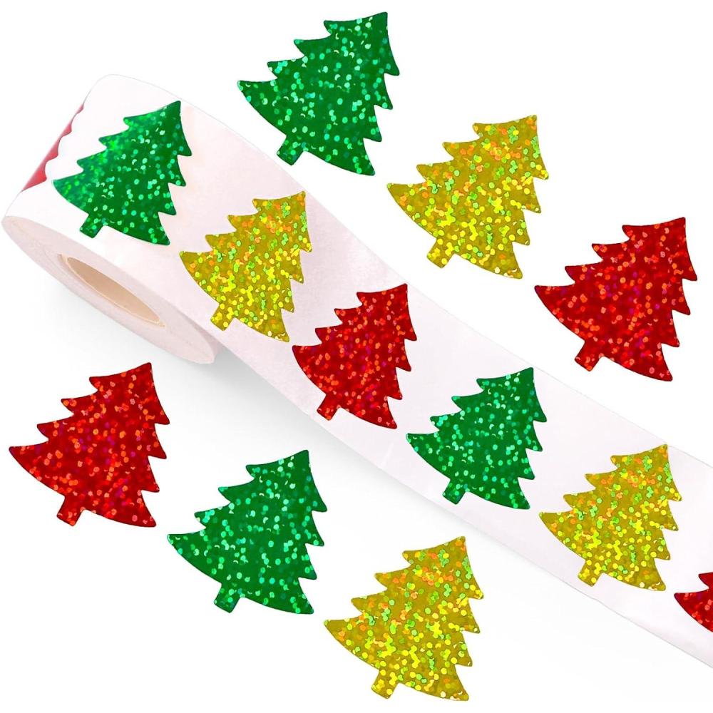 imageWhaline Fall Thanksgiving Pumpkin Stickers Roll Glitter Pumpkin Paper Decal 3 Color Sparkly Autumn SelfAdhesive Decorative Stickers for Envelope Journal Decor Party Supplies 500PcsChristmas Tree 2