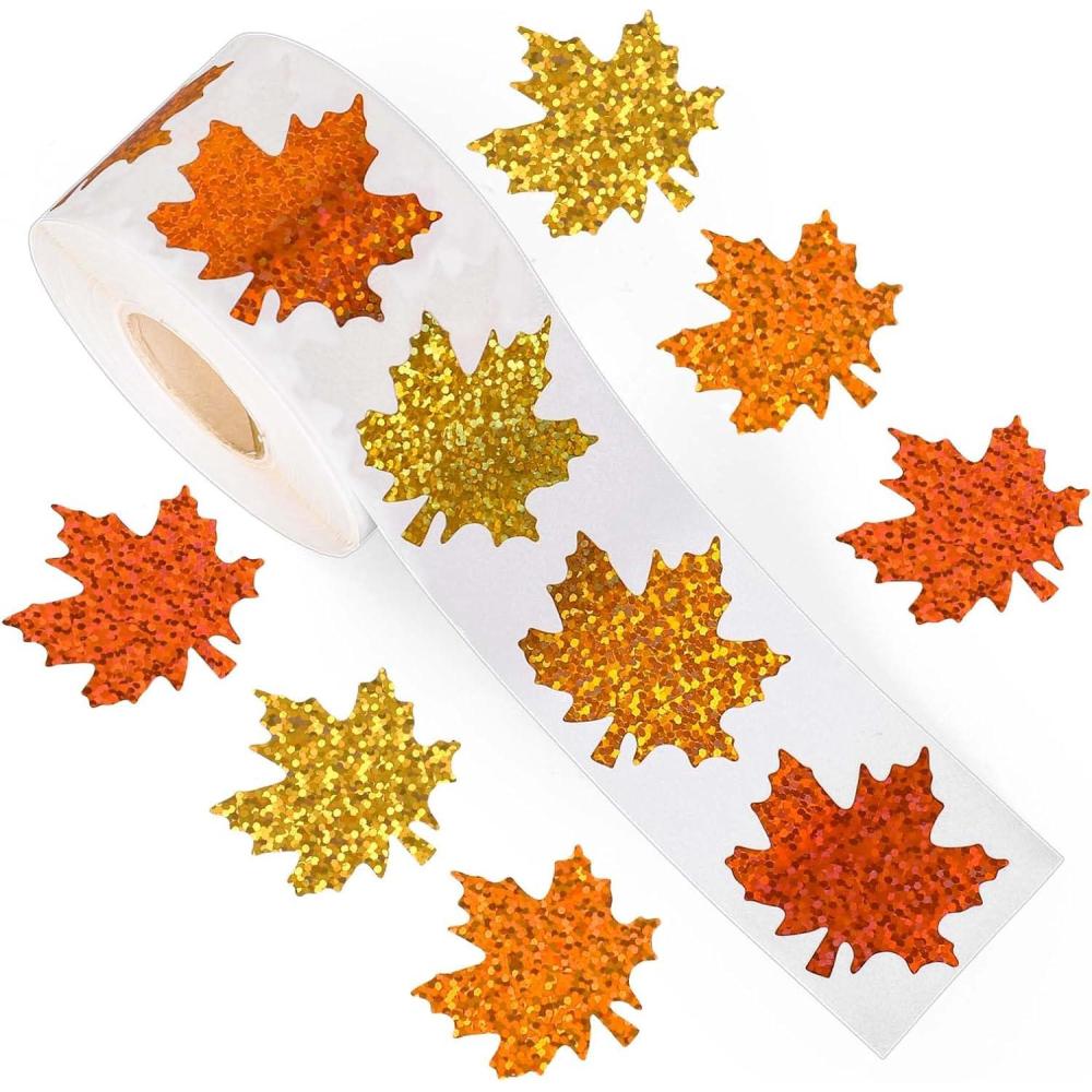 imageWhaline Fall Thanksgiving Pumpkin Stickers Roll Glitter Pumpkin Paper Decal 3 Color Sparkly Autumn SelfAdhesive Decorative Stickers for Envelope Journal Decor Party Supplies 500PcsMaple Leaves