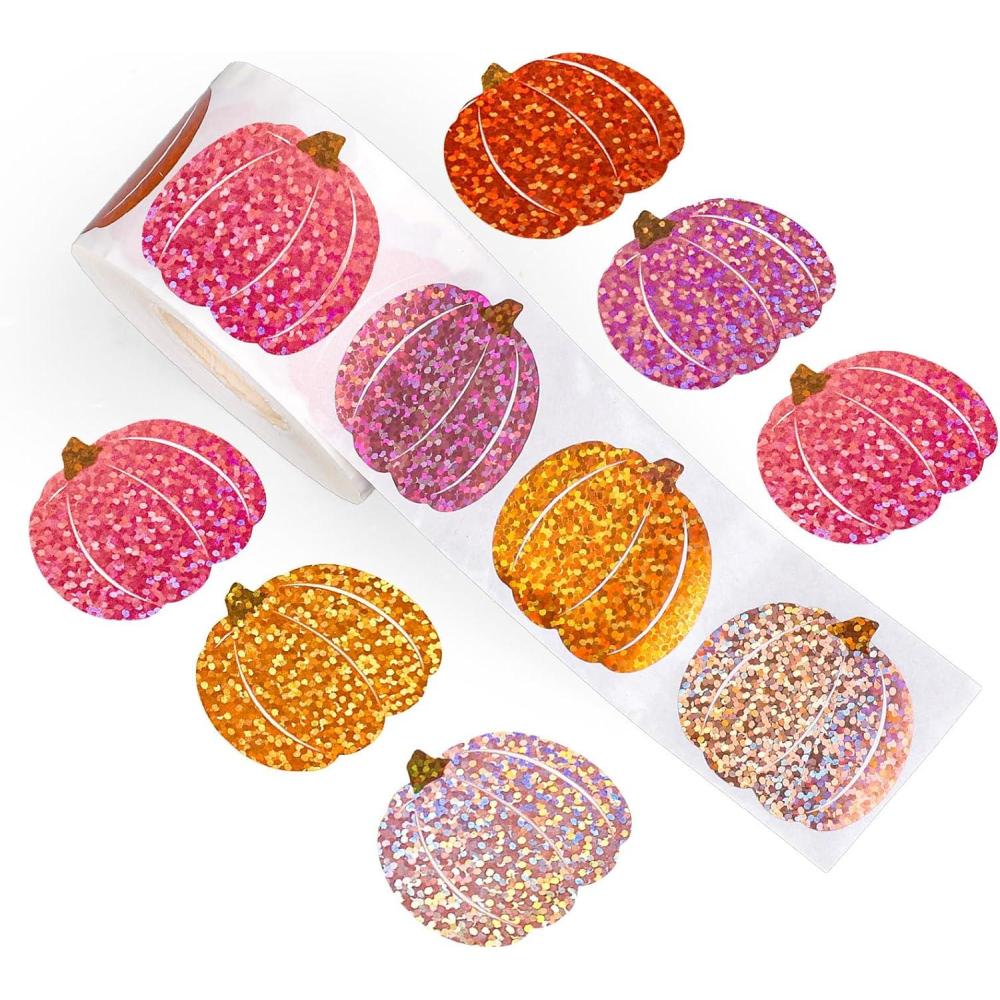 imageWhaline Fall Thanksgiving Pumpkin Stickers Roll Glitter Pumpkin Paper Decal 3 Color Sparkly Autumn SelfAdhesive Decorative Stickers for Envelope Journal Decor Party Supplies 500PcsPink Pumpkin