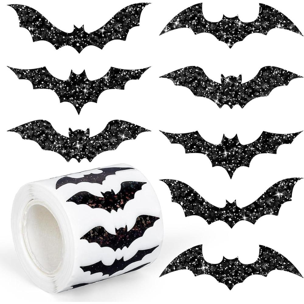 imageWhaline Halloween Bats Stickers Roll Laser Black Bats Shape Waterproof Decals 5 Designs Sparkly SelfAdhesive Stickers for Halloween Party Envelope Scrapbook Decor 500Pcs