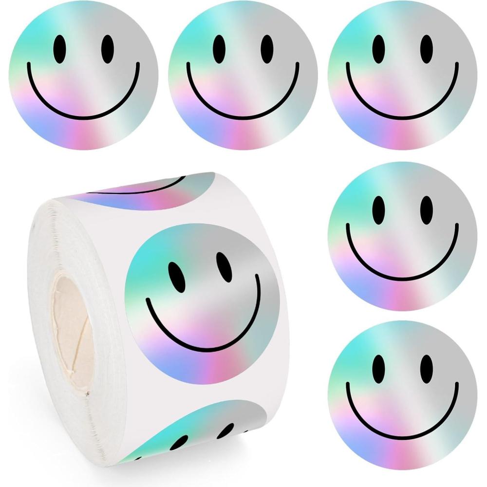imageWhaline Halloween Ghost Stickers Roll Bulk Laser Cute Boo Ghost Holographic Waterproof SelfAdhesive Sticker Decals for Envelope Journal Decor Party Supplies 500PcsSmile Face