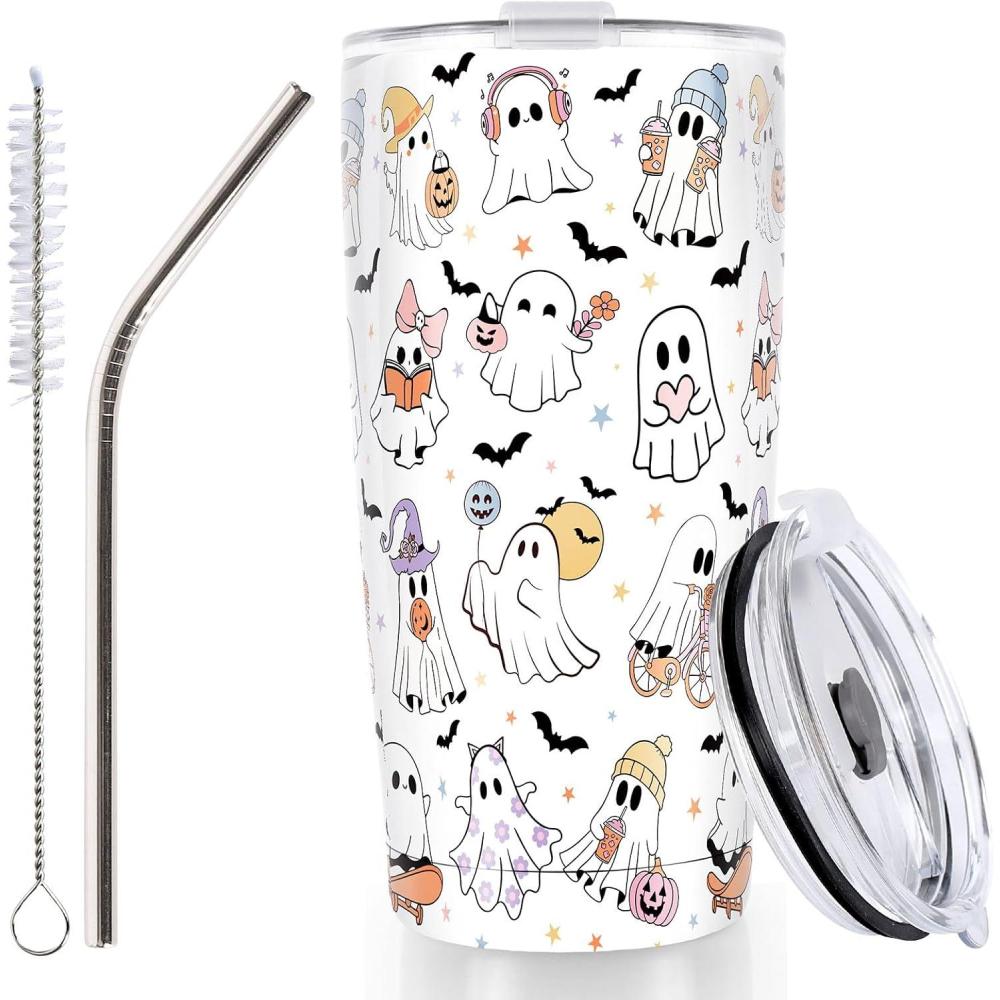 imageWhaline Halloween Ghost Tumbler Stainless Steel Travel Tumbler with Lid Straw and Brush Spooky Coffee Mug Cup for Women Travel Birthday Horror GiftCute Ghost