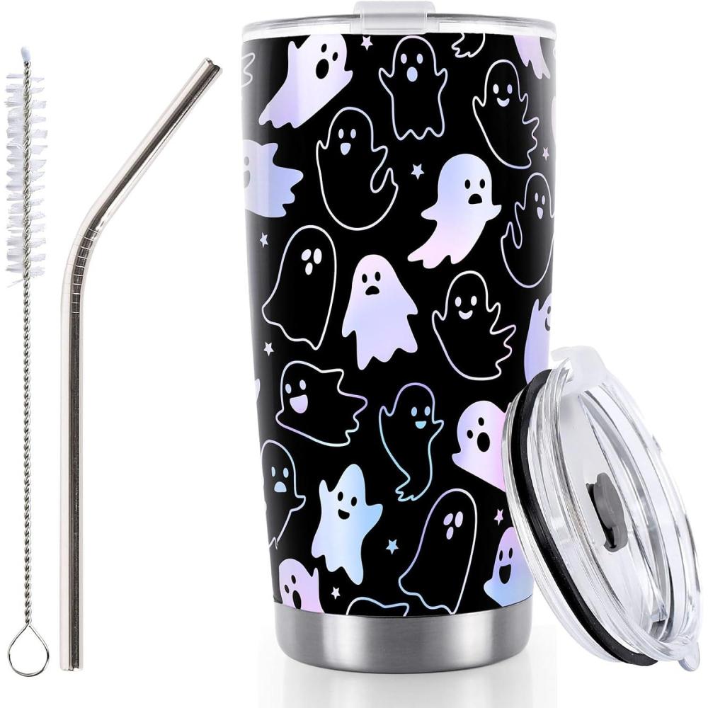 imageWhaline Halloween Ghost Tumbler Stainless Steel Travel Tumbler with Lid Straw and Brush Spooky Coffee Mug Cup for Women Travel Birthday Horror GiftGhost