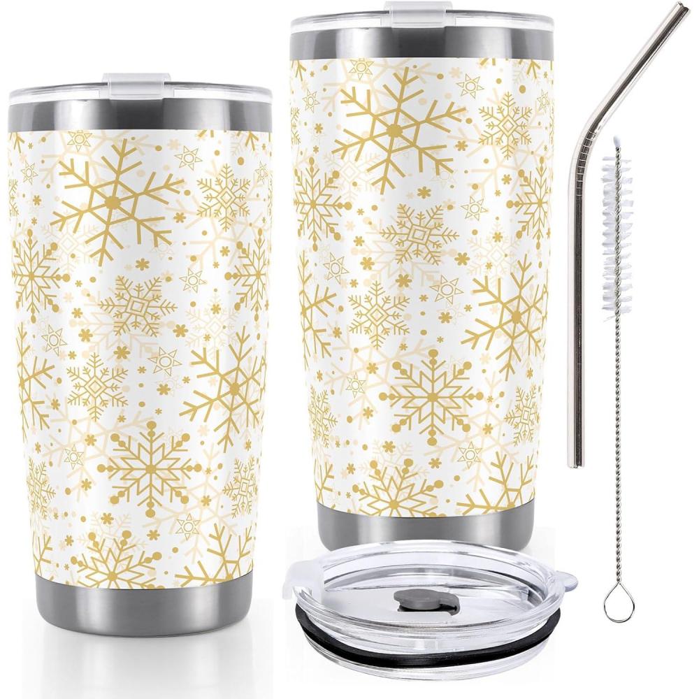 imageWhaline Halloween Ghost Tumbler Stainless Steel Travel Tumbler with Lid Straw and Brush Spooky Coffee Mug Cup for Women Travel Birthday Horror GiftGold Snowflake