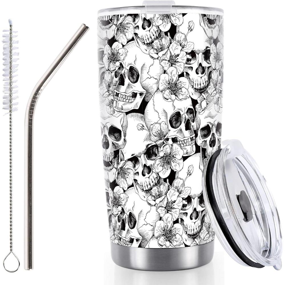 imageWhaline Halloween Ghost Tumbler Stainless Steel Travel Tumbler with Lid Straw and Brush Spooky Coffee Mug Cup for Women Travel Birthday Horror GiftSkull