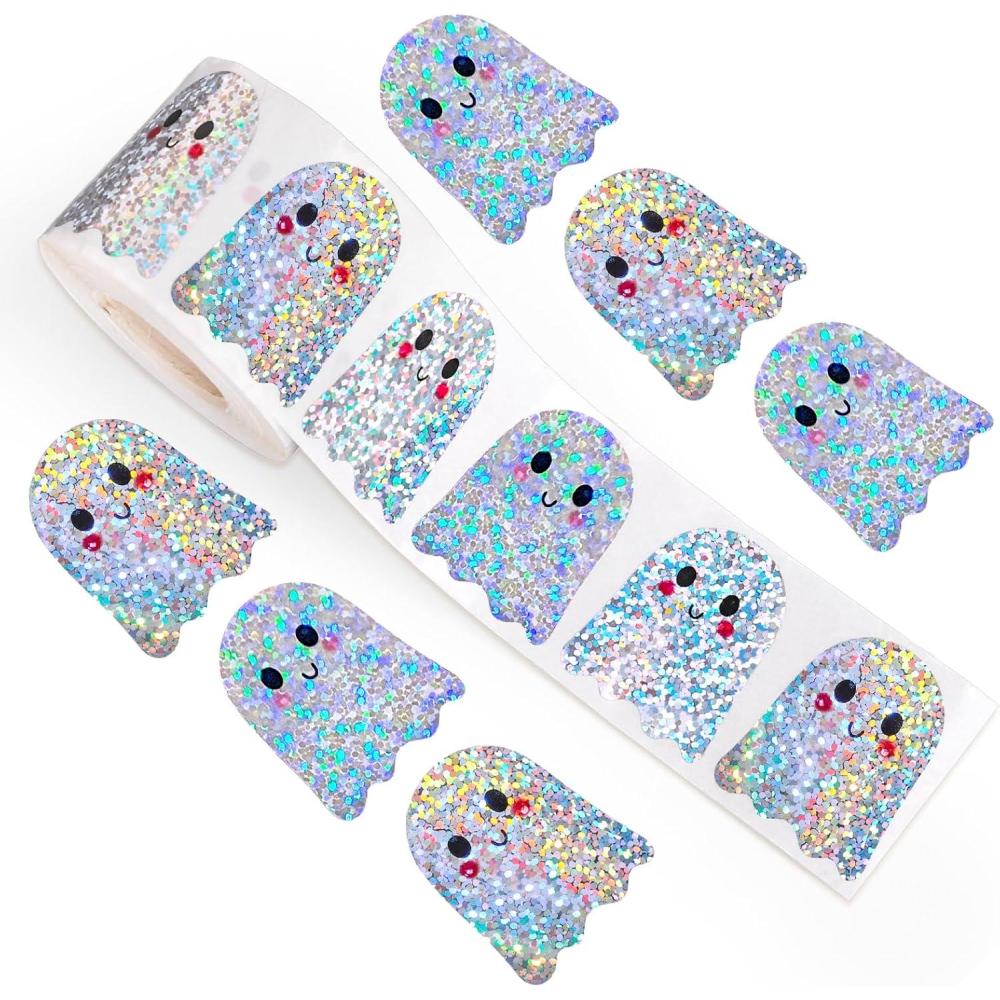imageWhaline Halloween Pumpkin Stickers Roll Laser Pumpkin Shape Waterproof Decals Orange Sparkly SelfAdhesive Stickers for Halloween Trick or Treat Party Envelope Scrapbook Decor 500PcsGhost