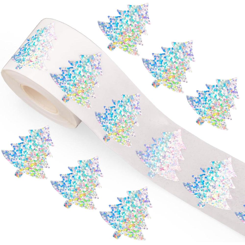 imageWhaline Halloween Pumpkin Stickers Roll Laser Pumpkin Shape Waterproof Decals Orange Sparkly SelfAdhesive Stickers for Halloween Trick or Treat Party Envelope Scrapbook Decor 500PcsSilver Christmas Tree