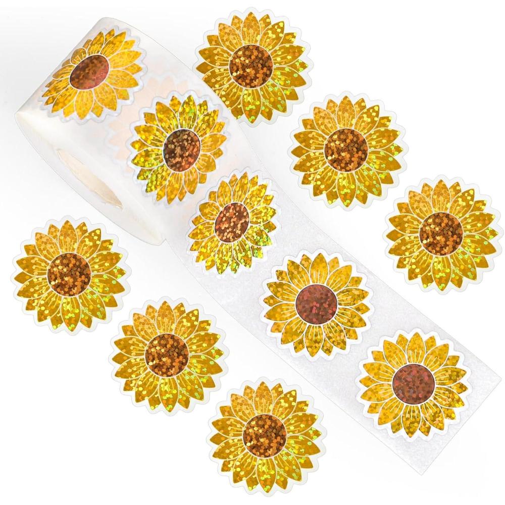 imageWhaline Halloween Pumpkin Stickers Roll Laser Pumpkin Shape Waterproof Decals Orange Sparkly SelfAdhesive Stickers for Halloween Trick or Treat Party Envelope Scrapbook Decor 500PcsSunflower