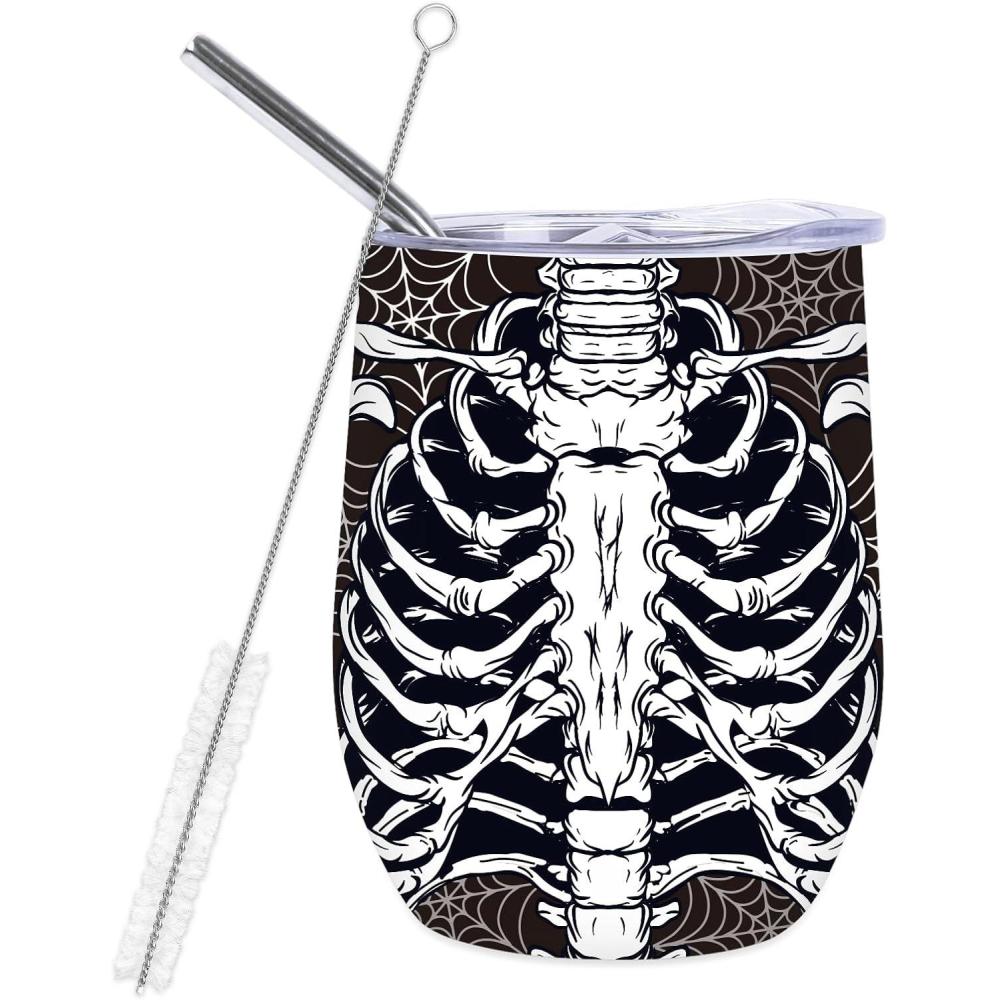 imageWhaline Halloween Stainless Steel Wine Tumbler with Straw and Lid Skull Spider Web Coffee Mug Black White Insulated Tumbler for Hot and Cold Drinks