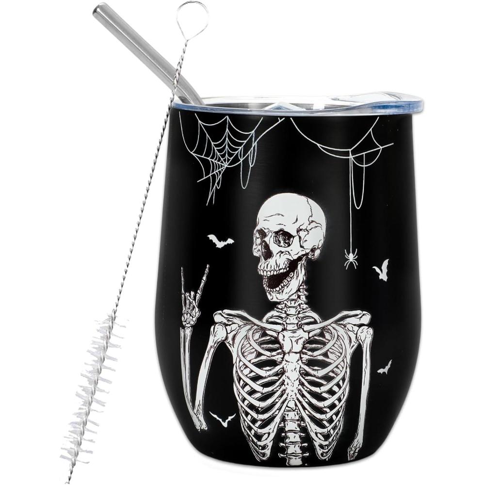 imageWhaline Stainless Steel Wine Tumbler with Straw and Lid Black White Skull Bat Coffee Mug Skeleton Insulated Wine Tumbler for Halloween Hot and Cold Drinks Gift