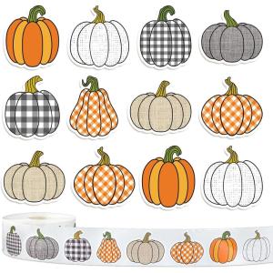 Whaline 1000Pcs Fall Thanksgiving Pumpkin Stickers Roll Pumpkin Shaped Decals Colorful Buffalo Plaid Pumpkin Pattern Self-Adhesive Sticker Autumn Sealing Labels for Fall Harvest Party Supply, 8 Design(Pumpkin 1)