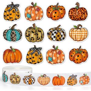 Whaline 1000Pcs Fall Thanksgiving Pumpkin Stickers Roll Pumpkin Shaped Decals Colorful Buffalo Plaid Pumpkin Pattern Self-Adhesive Sticker Autumn Sealing Labels for Fall Harvest Party Supply, 8 Design(Pumpkin 2)
