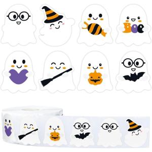 Whaline 1000Pcs Halloween Ghost Stickers Roll Self-Adhesive Cute Ghost Stickers Roll for Kid Halloween Party Envelope Scrapbook Card Gifts Candy Bags Decorations Supplies, 8 Design