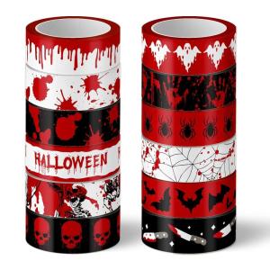 Whaline 12 Rolls Halloween Bloody Washi Tapes Blood Spatter Spooky Bloodstain Skull Ghost Masking Tapes 15mm Scary Bloody Washi Tape Set for Scrapbook Journal DIY Craft Gift Wrapping, 16.4Ft(Halloween)