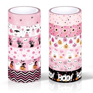 Whaline 12 Rolls Halloween Washi Tapes Black White Ghost Bat Spider Web Pumpkin Washi Masking Tape 15mm Wide Decorative Halloween Tape Stickers for Scrapbook Gift Wrapping DIY Art Crafts, 16.4Ft(Pink 2)