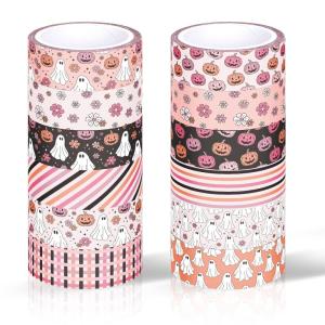 Whaline 12 Rolls Halloween Washi Tapes Black White Ghost Bat Spider Web Pumpkin Washi Masking Tape 15mm Wide Decorative Halloween Tape Stickers for Scrapbook Gift Wrapping DIY Art Crafts, 16.4Ft(Pink 1)