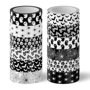 Whaline 12 Rolls Halloween Washi Tapes Black White Ghost Bat Spider Web Pumpkin Washi Masking Tape 15mm Wide Decorative Halloween Tape Stickers for Scrapbook Gift Wrapping DIY Art Crafts, 16.4Ft(Black)