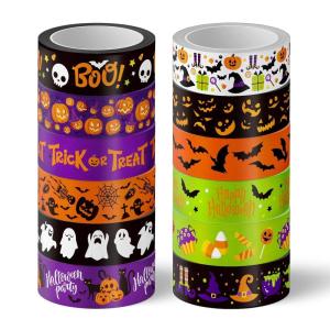 Whaline 12 Rolls Halloween Washi Tapes Black White Ghost Bat Spider Web Pumpkin Washi Masking Tape 15mm Wide Decorative Halloween Tape Stickers for Scrapbook Gift Wrapping DIY Art Crafts, 16.4Ft(Purple)