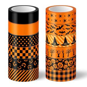 Whaline 12 Rolls Halloween Washi Tapes Black White Ghost Bat Spider Web Pumpkin Washi Masking Tape 15mm Wide Decorative Halloween Tape Stickers for Scrapbook Gift Wrapping DIY Art Crafts, 16.4Ft(Orange)