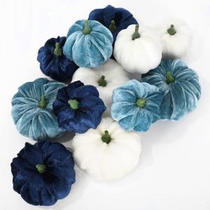 Whaline 12Pcs Fall Thanksgiving Velvet Pumpkin Blue White Artificial Pumpkins 2 Sizes Fake Fabric Pumpkin Autumn Harvest Table Centerpiece for Thanksgiving Halloween Party Mantel Farmhouse Decor(Blue White)