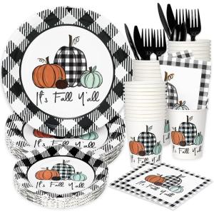 Whaline 175Pcs Fall Thanksgiving Tableware Set Buffalo Plaids Pumpkin Disposable Dinnerware Set 50Pcs Paper Plates 25Pcs Napkins Paper Cup Fork Knife Spoon for Autumn Thanksgiving Table Supplies