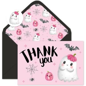 Whaline 24Pcs A Little Boo Thank You Cards with Envelopes and Stickers Cute Ghost Pumpkin Bat Greeting Cards Halloween Baby Shower Blank Note Cards for Party Supplies(Pink)