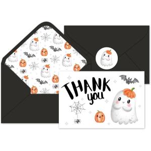 Whaline 24Pcs A Little Boo Thank You Cards with Envelopes and Stickers Cute Ghost Pumpkin Bat Greeting Cards Halloween Baby Shower Blank Note Cards for Party Supplies(White)