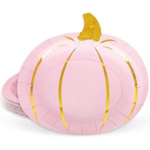 Whaline 24Pcs Fall Pink Pumpkin Paper Plate Gold Foil Dinner Plate Disposable Thanksgiving Harvest Plates for Autumn Catering Events Dining Party Favors Tableware Decor Supplies