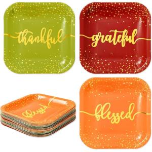 Whaline 30Pcs Fall Thanksgiving Paper Plates Gold Foil Disposable Plates Autumn Red Green Orange Square Dinner Plates for Thanksgiving Party Tableware Supplies, 9 Inch(Fall)