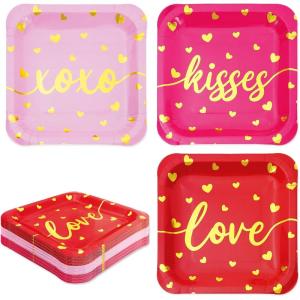 Whaline 30Pcs Fall Thanksgiving Paper Plates Gold Foil Disposable Plates Autumn Red Green Orange Square Dinner Plates for Thanksgiving Party Tableware Supplies, 9 Inch(Valentine’s Day)