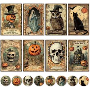 Whaline 32 Pack Halloween Greeting Cards with Stickers Envelopes Vintage Pumpkin Black Cat Skull Blank Note Cards for Trick or Treat Invitation, 4 x 6 Inch