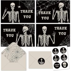 Whaline 32 Pack Halloween Thank You Cards Black Smiling Skeleton Greeting Cards Blank Note Cards with Envelope & Stickers for Holiday Birthday Party, 4 x 6 Inch