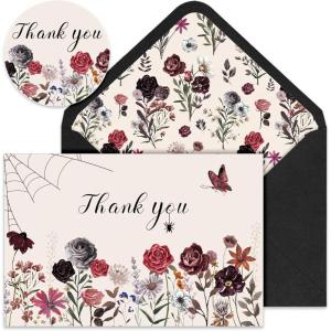 Whaline 36 Packs Halloween Floral Thank You Cards Watercolor Flower Greeting Cards with Envelopes and Stickers Blank Note Cards for Wedding Birthday Party Supplies