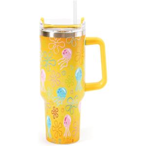 Whaline 40oz Halloween Skull Tumbler with Straw and Lid Spooky Skull Flower Travel Coffee Tumbler Cup with Handle for Trick or Treat Birthday Party Gifts(Cartoon Sponge)