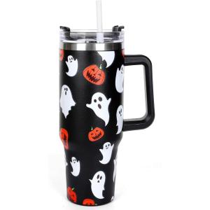 Whaline 40oz Halloween Skull Tumbler with Straw and Lid Spooky Skull Flower Travel Coffee Tumbler Cup with Handle for Trick or Treat Birthday Party Gifts(Ghost)