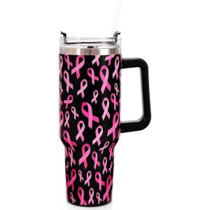 Whaline 40oz Halloween Skull Tumbler with Straw and Lid Spooky Skull Flower Travel Coffee Tumbler Cup with Handle for Trick or Treat Birthday Party Gifts(Breast Cancer Awareness)